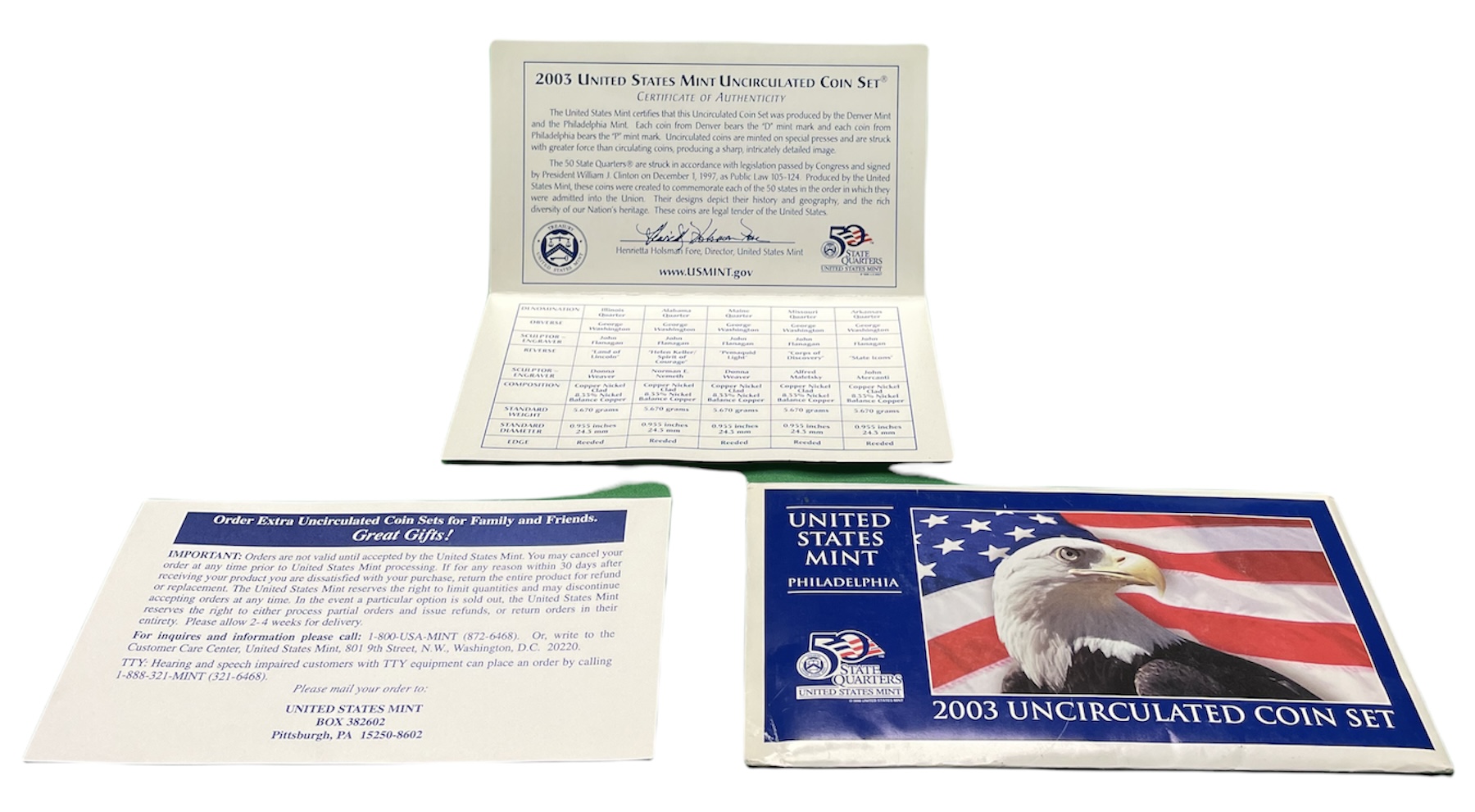 США два набора в одном 2003 два официальных набора в целлофановой запайке, буква Р, годовой набор и пять квотеров, штат Арканзас, Алабама, Миссури, Иллинойс, Мэн, в конверте с сертификатом, Филадельфия  медь плакированная медно-никелем UNC 7-5-6-29