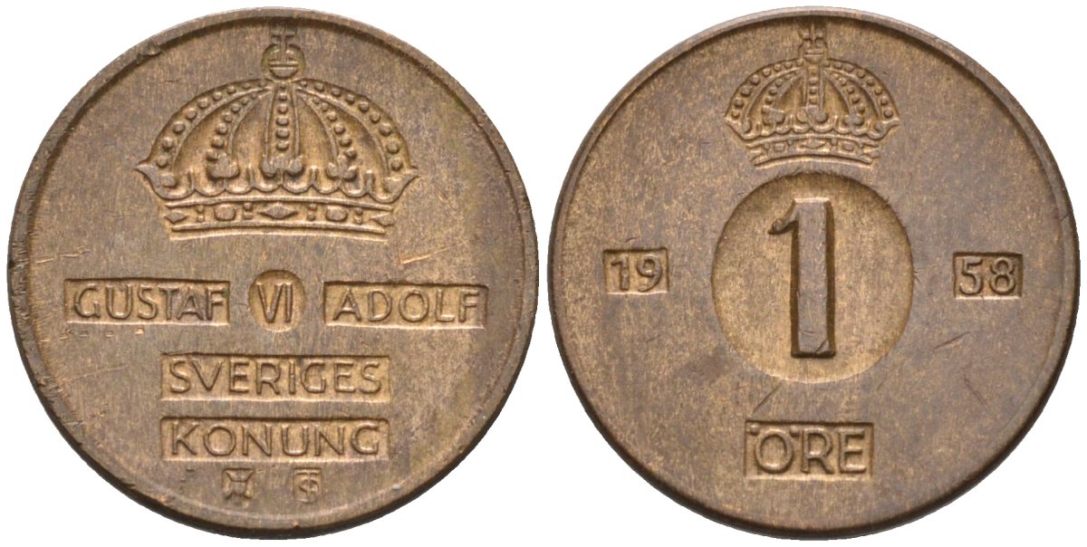 Швеция 1 эре 1958 Густав VI Адольф (1950-1973) KM 820 бронза 4580-1058
