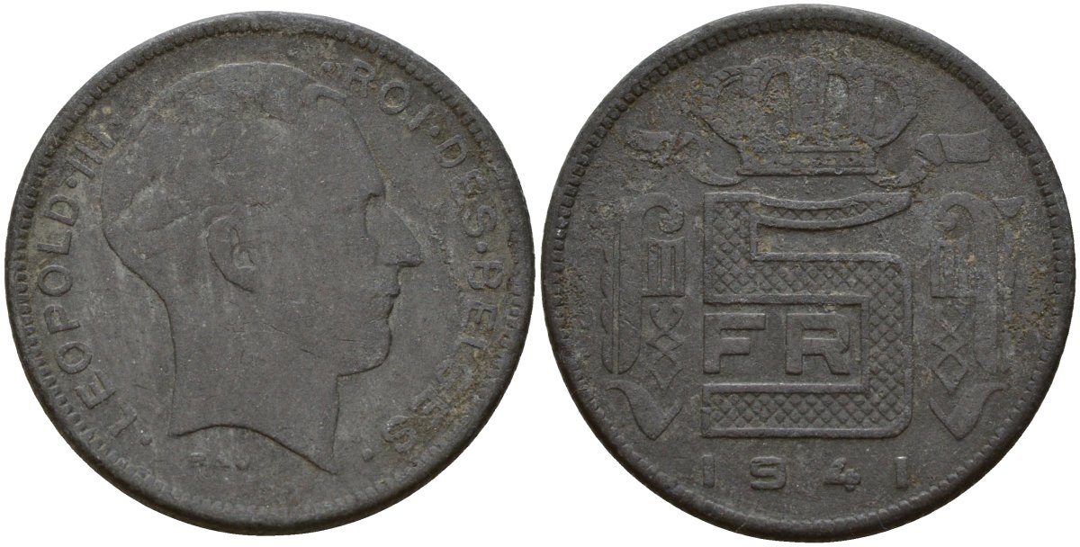 Бельгия 5 франков 1941 DES BELGES, Леопольд III (1934-1947) KM 130 цинк 4161-934
