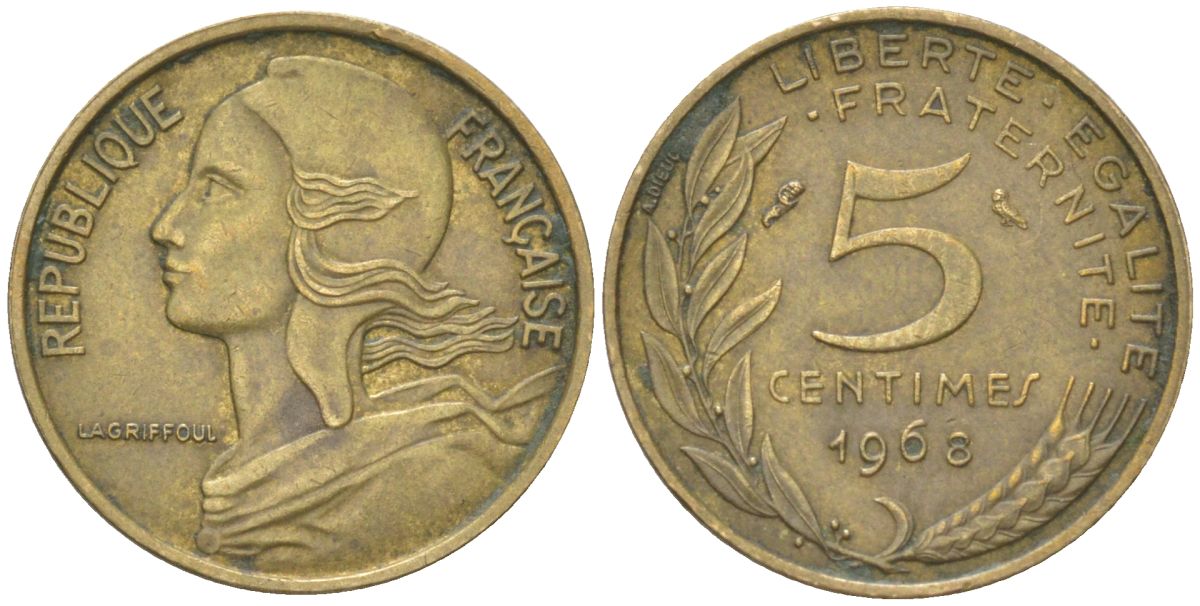 Франция 5 сантимов 1968 KM 933 алюминиевая бронза 4613-858