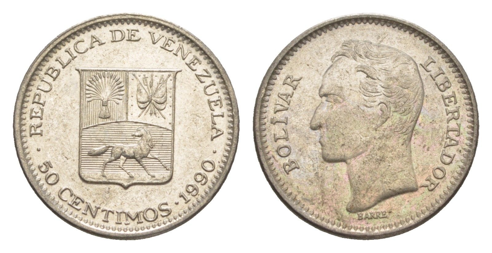 Венесуэла 50 сентимо 1990 Симон Боливар Y 41a сталь плакированная никелем 4584-634