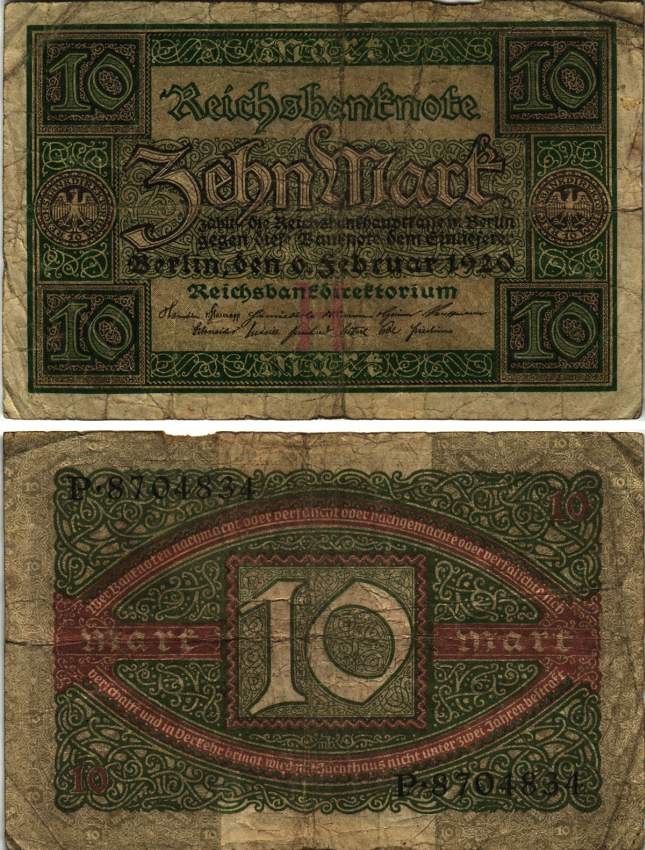 ГЕРМАНИЯ 10 МАРОК 1920 6 ФЕВРАЛЯ 1920, БУКВА Н, СЕРИЯ Р, СЕМЬ ЦИФР В НОМЕРЕ СЕРИИ Pick 67, Rosenberg 63а бумага 8616-9-2-2