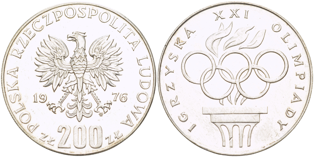 Польша 200 злотых 1976 MW, XXI олимпийские игры 1976 года в Монреале, кольца KM 86, Parchimowicz 306а серебро 413-1435