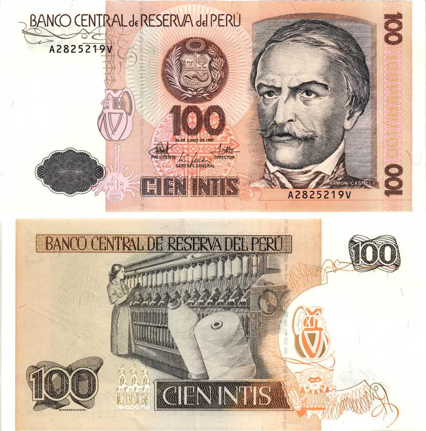Перу 100 инти 1987 Рамон Кастилья, прядильная машина Pick 133 бумага 8592-45-2-2