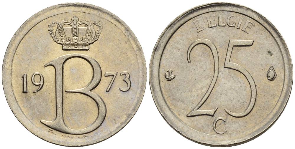 Бельгия 25 сантимов 1973 Belgie, Бодуэн I (1951-1993 KM 154.1 медно-никель 4528-1015