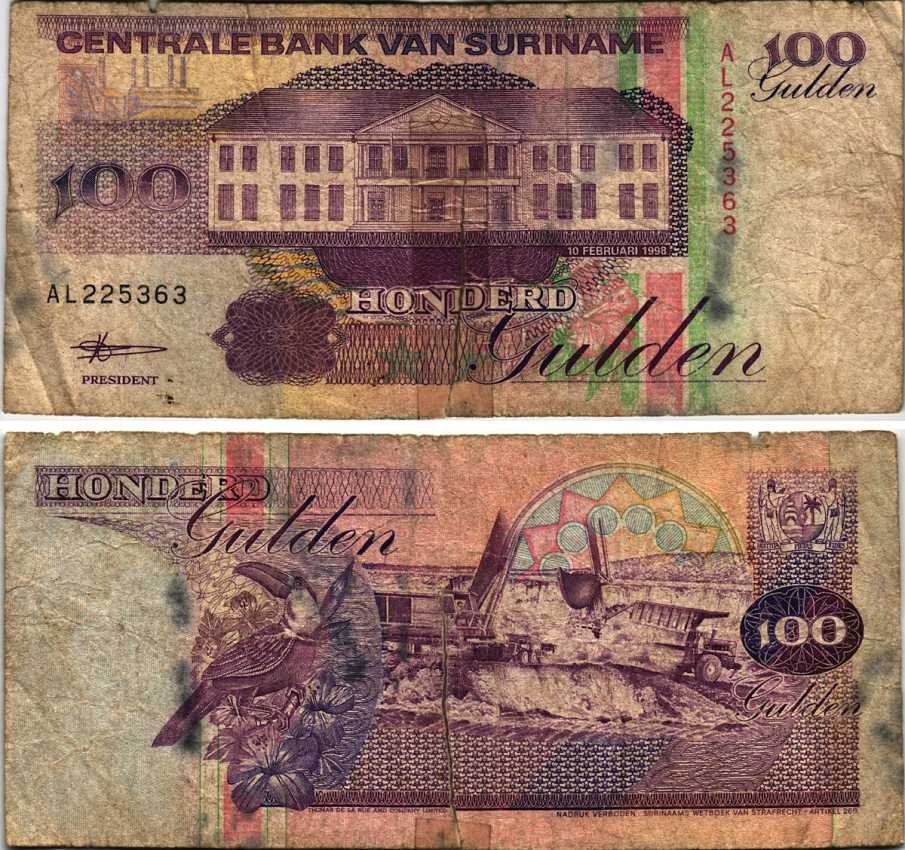 Суринам 100 гульденов 1998 здание Центрального банка, тукан, экскаватор, самосвал Pick 139b бумага 7548-12-1-1