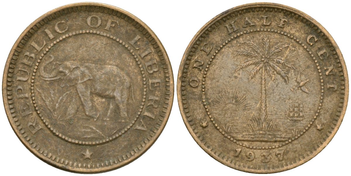 Либерия 1/2 цента 1937 KM 10 латунь 4174-347