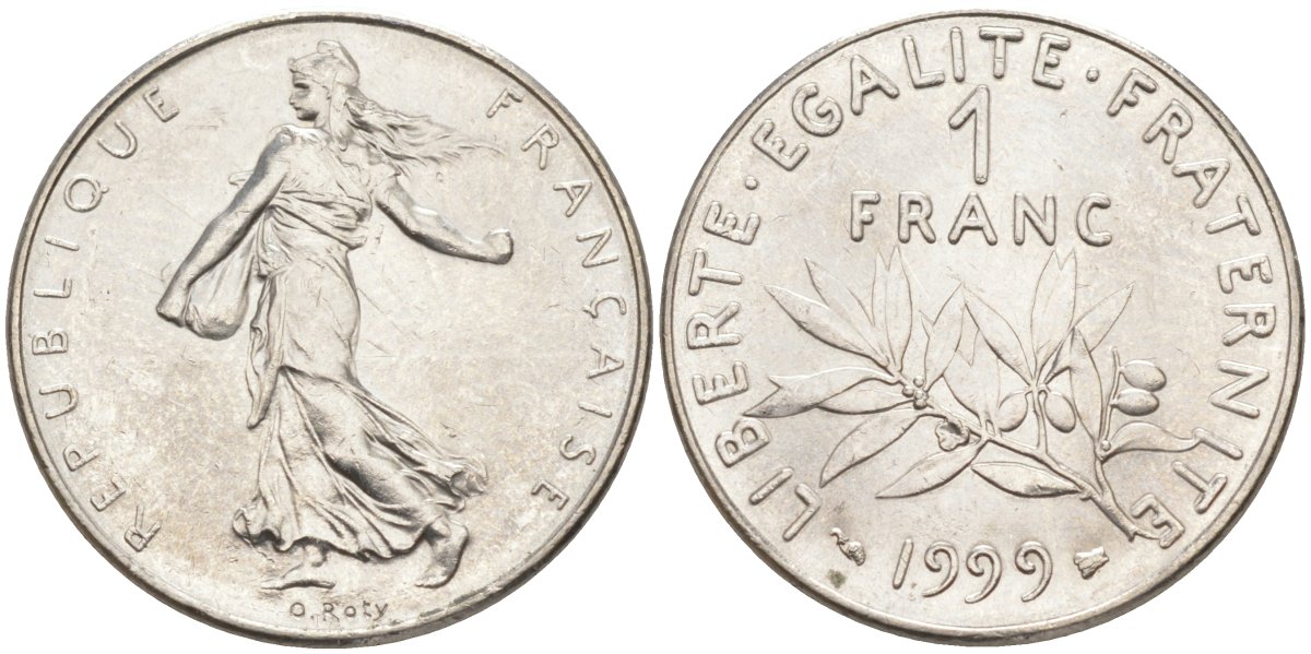 Франция 1 франк 1999 сеятель KM 925.1, Le Frank 226.47 никель 4519-336