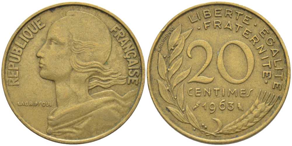 ФРАНЦИЯ 20 САНТИМОВ 1963 ТИП MARIANNE KM 930, LE FRANC 156.3 медь алюминий никель 175-811