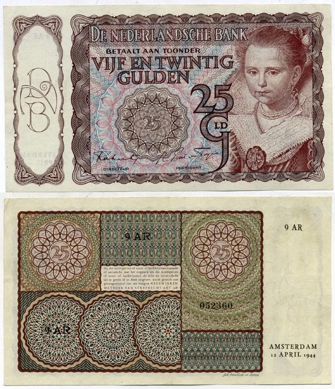 Нидерланды 25 гульденов 1944 12 апреля 1944, 1 цифра 2 буквы 6 цифер Pick 60 бумага aUNC 000-00-00
