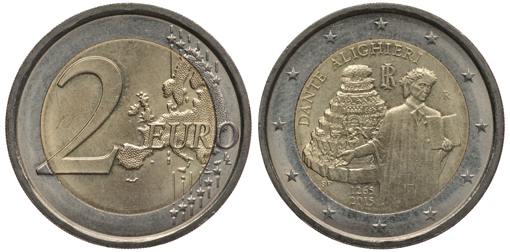 Италия 2 евро 2015 750 лет со дня рождения Данте Алигьери KM 381 биметалл UNC 4397-634