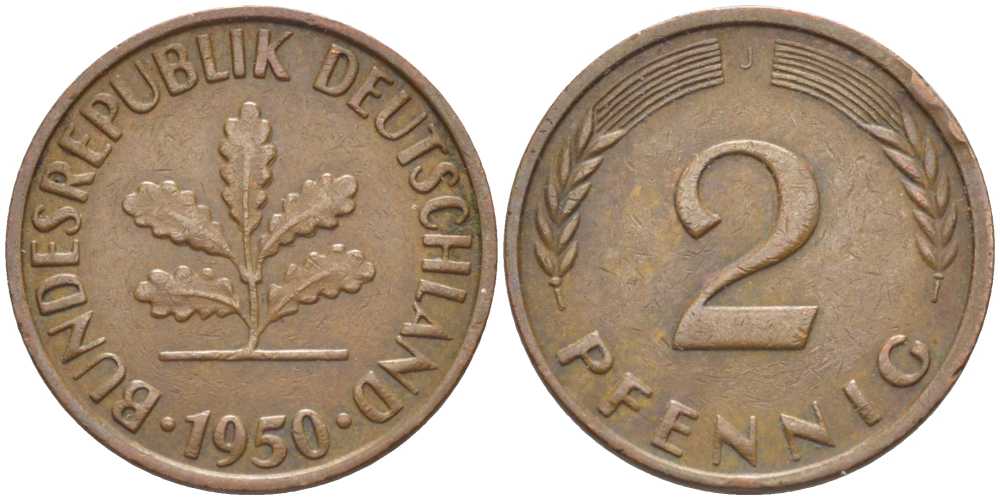 ФРГ 2 ПФЕННИГА 1950 J KM 106, J. 381 бронза 116-312