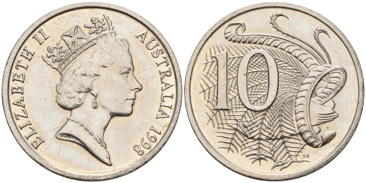 Австралия 10 центов 1998 Елизавета II (1953-), птица лирахвост KM 81 медно-никель 4141-116