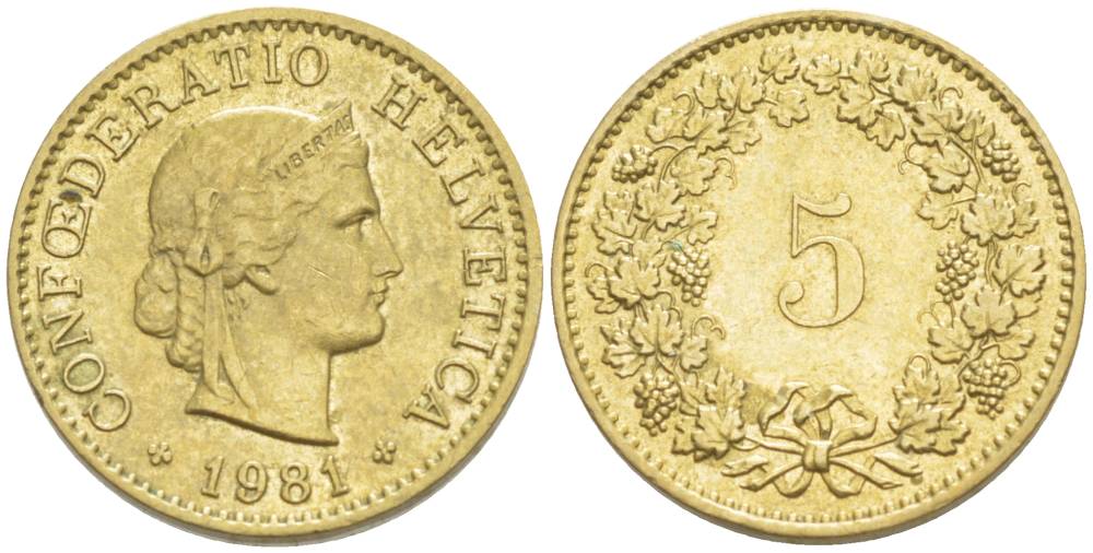 Швейцария 5 раппенов 1981 KM 26c алюминий латунь 4532-853