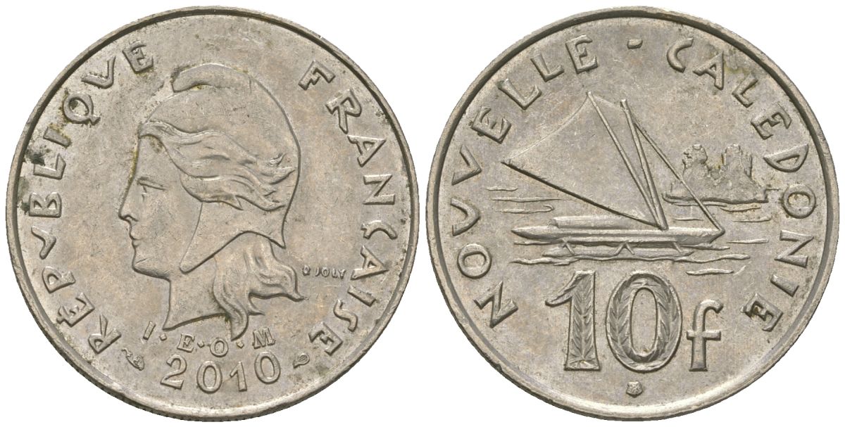 Французская Новая Каледония 10 франков 2010 рыбачья парусная лодка, (IEOM) KM 11a, Schoen 13a, Lec 99k медно-никель 63-415
