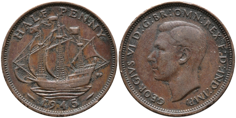 Великобритания 1/2 пенни 1945 Георг VI (1936-1952) KM 844, Spink 4115 бронза 28-855