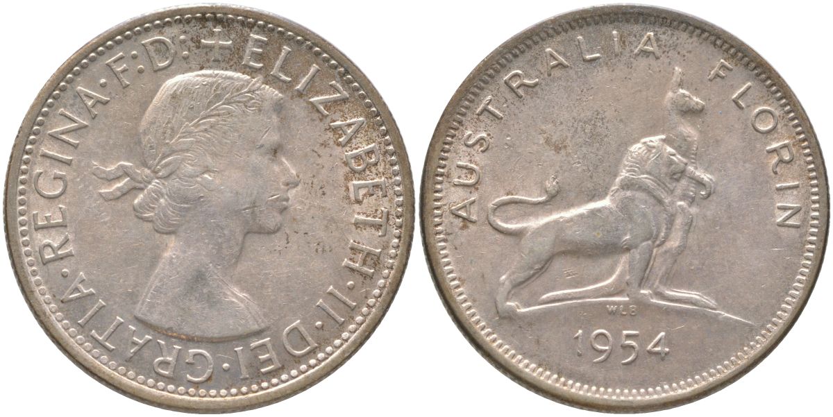 Австралия 1 флорин = 2 шиллинга 1954 Королевский визит в Австралию, Елизавета II (1952-2022), английский лев и кенгуру KM 55 серебро 81-441