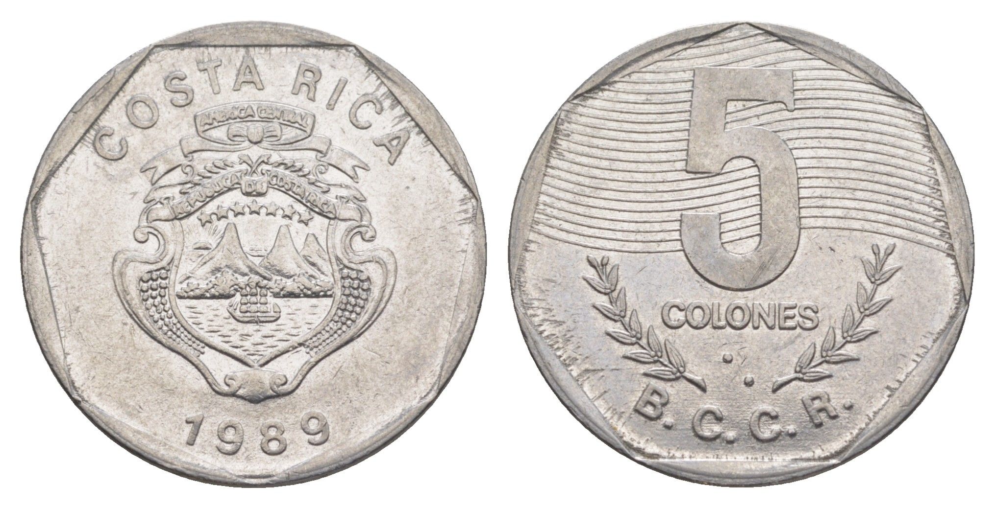 Коста-Рика 5 колонов 1989 KM 214.1 нержавеющая сталь 4635-1251