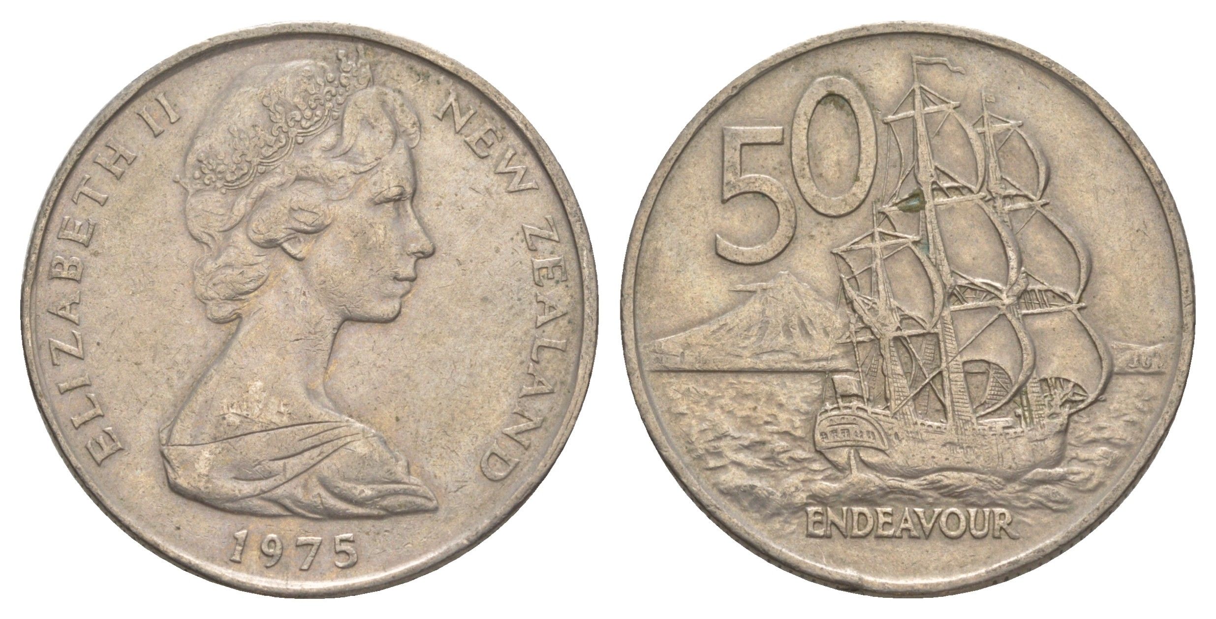 Новая Зеландия 50 центов 1975 Елизавета II (1952-2022), парусник Индевор KM 37.1 медно-никель 4645-1143