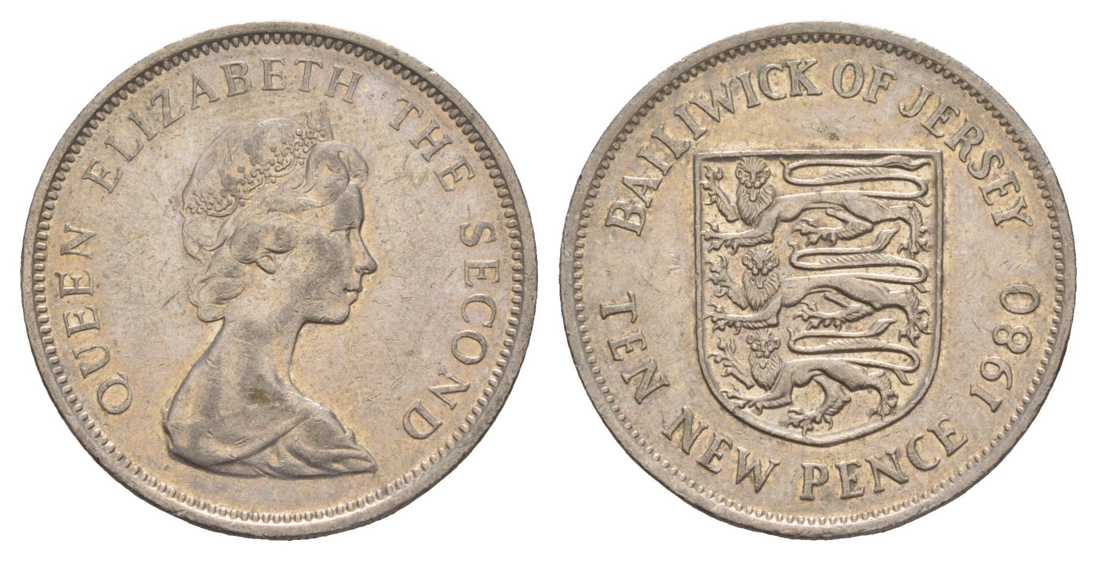 Джерси 10 новых пенсов 1980 герб, Елизавета II (1952-2022) KM 33 медно-никель 4653-1021