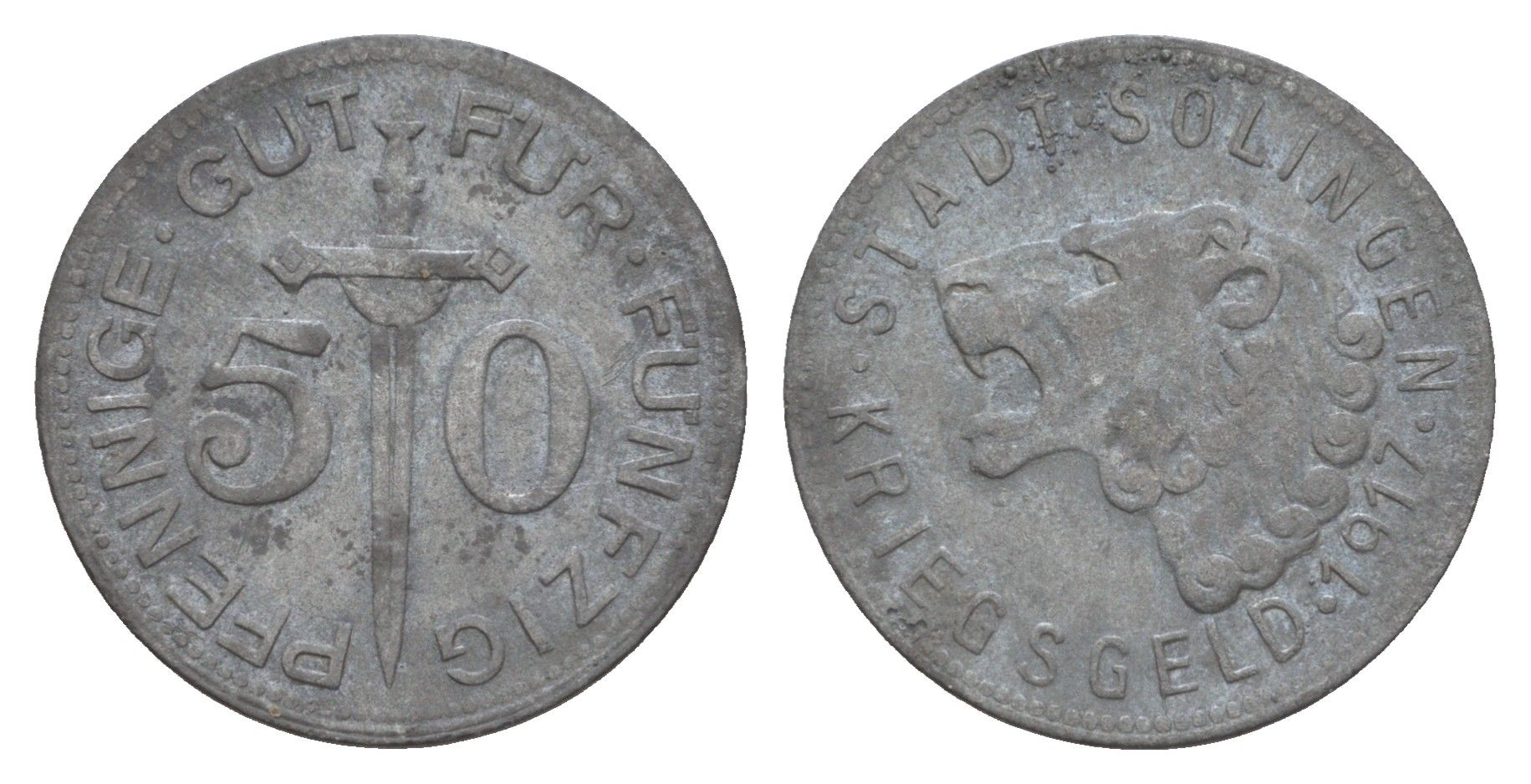 Золинген 50 пфеннигов 1917 Funck 508.1, Men05 23636.1, Men18 29571.1 цинк 4657-1114