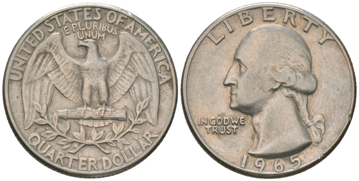 США 25 центов (квотер) 1965 Вашингтон KM 164a медь плакированная медно-никелем 4601-814