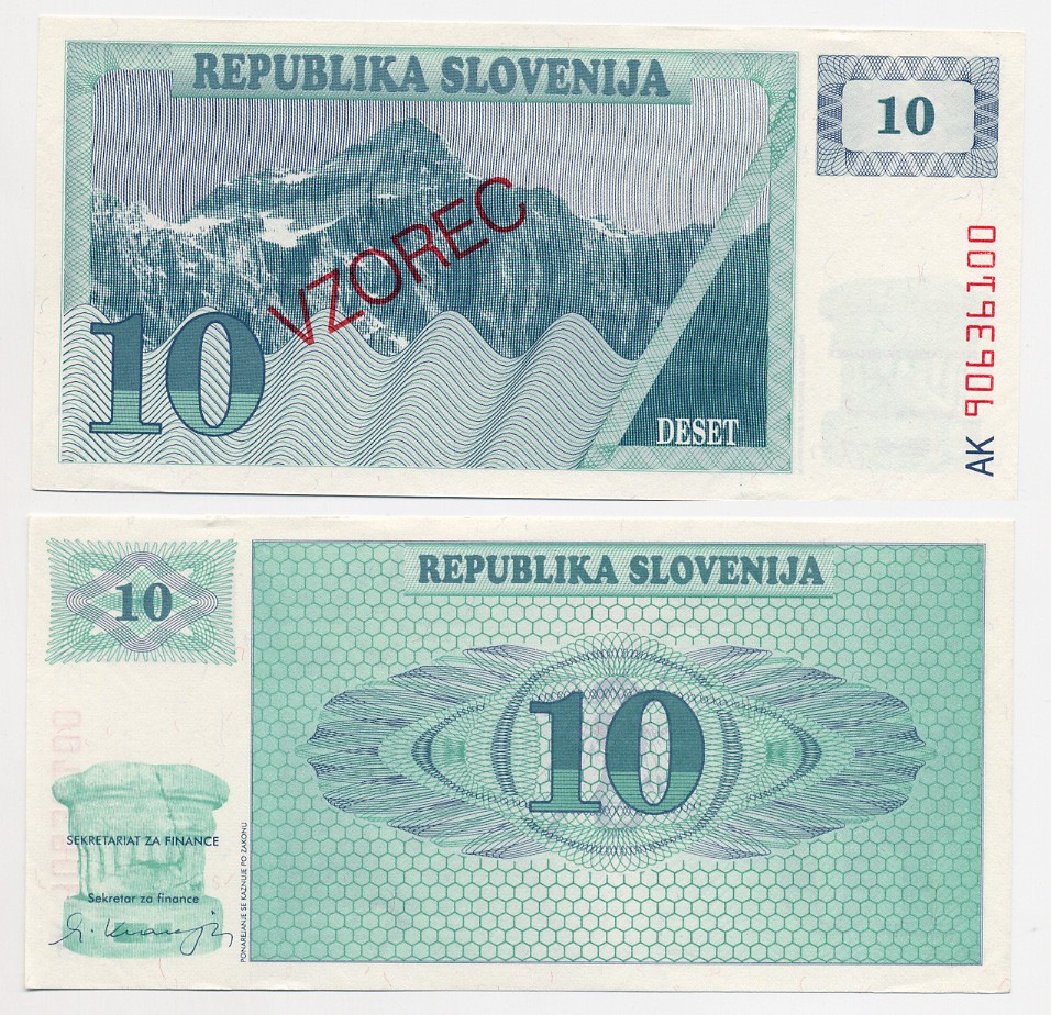 Словения 10 толаров 1990 образец, VZOREC, SPECIMEN Pick 4s1 бумага UNC (пресс) 6280-63-4