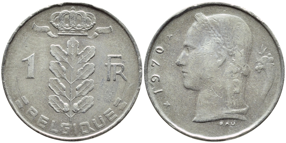 БЕЛЬГИЯ 1 ФРАНК 1970 BELGIQUE KM 142.1 медно-никель 4385-1032