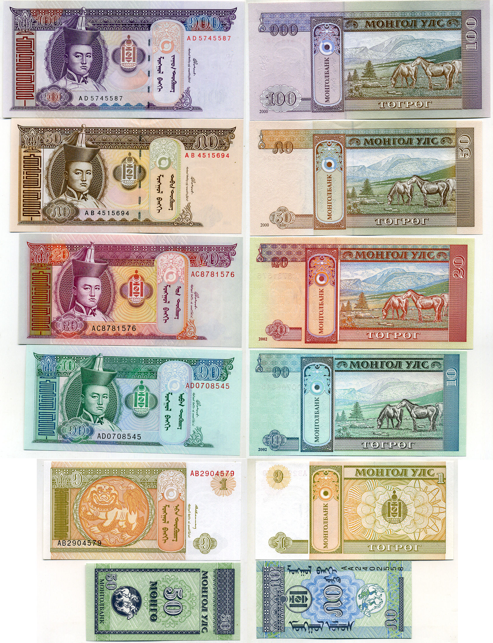 Монголия набор из 6 банкнот 2000-2002 бумага UNC (пресс) 446-103-3