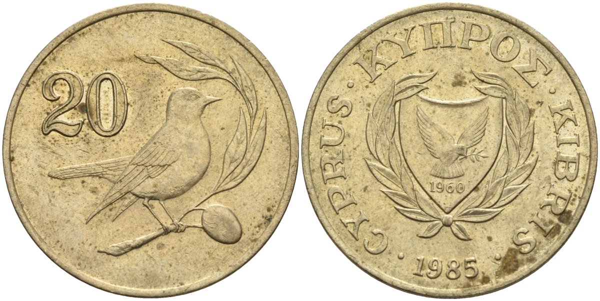 Кипр 20 центов 1985 KM 57.2 никель латунь 4140-733