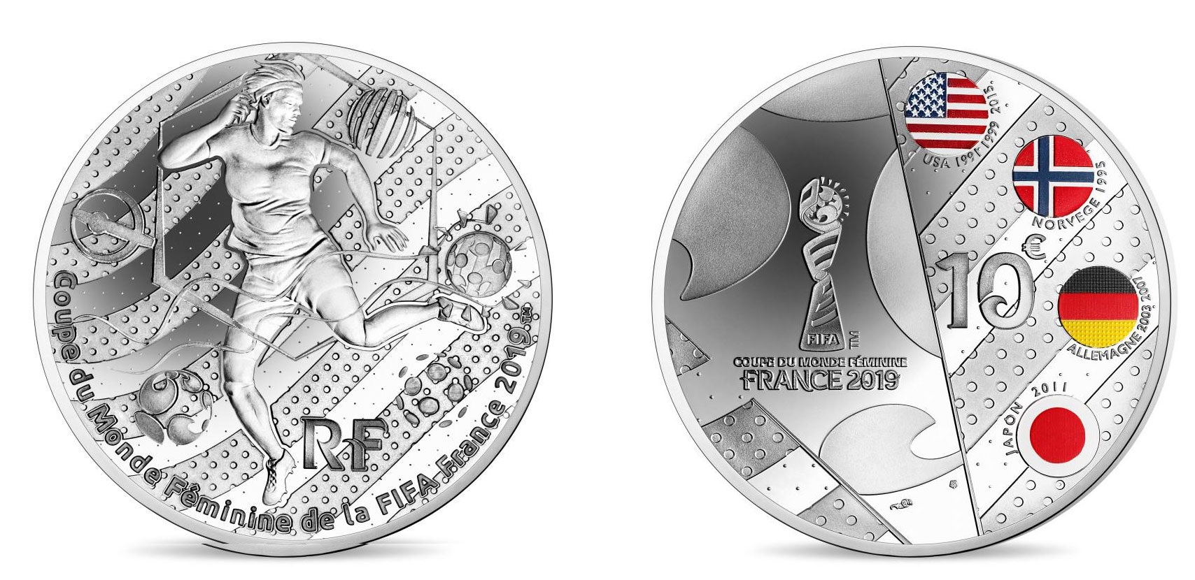 Франция 10 евро 2019 Чемпионат мира по футболу среди женщин, FIFA, Тип 2, оригинальная коробка, сертификат KM NEW серебро PROOF 8-1-03-07