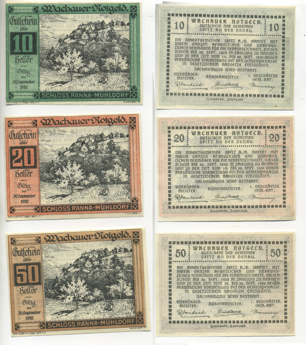 АВСТРИЯ, ВАЧАУ НАБОР ИЗ 3 БАНКНОТ 1920 30 СЕНТЯБРЯ 1920, НОТГЕЛЬД, ЗАМОК РАННА-МЮЛЬДОРФ, 10, 20, 50 ГЕЛЛЕРОВ, ВТОРОЙ ВЫПУСК, SPITZ am der DONAU бумага aUNC 70-10-2