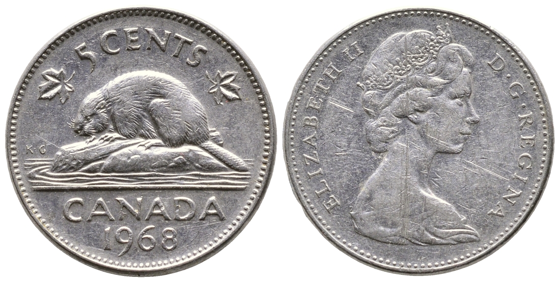 КАНАДА 5 ЦЕНТОВ 1968 ЕЛИЗАВЕТА II, БОБЕР KM 60.1 никель 4364-2346