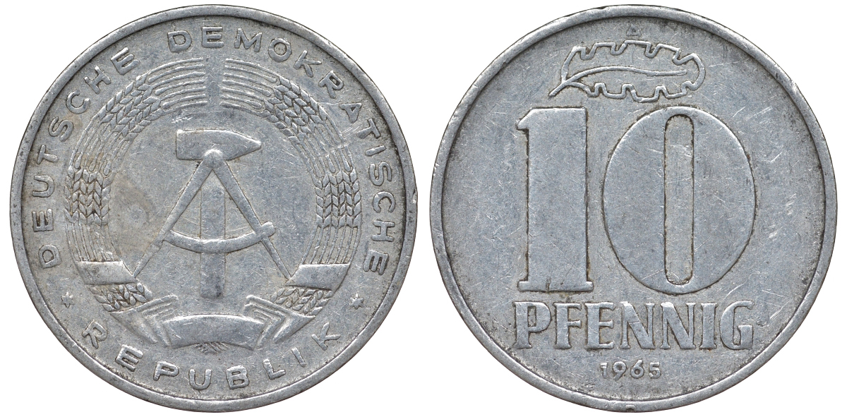 ГДР 10 ПФЕННИГОВ 1965 А алюминий 62-726