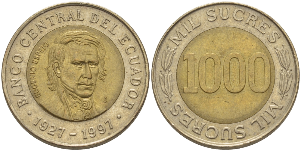 ЭКВАДОР 1000 СУКРЕ 1997 ЭУХЕНИО ЭСПЕХО, 70 ЛЕТ ЦЕНТРАЛЬНОМУ БАНКУ KM 103 биметалл 31-446