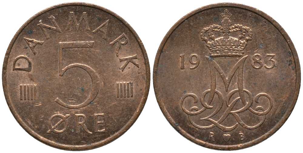 ДАНИЯ 5 ЭРЕ 1983 R; B, МАРГРЕТЕ II (1972-) KM 859.3 железо плакированное медью 116-161