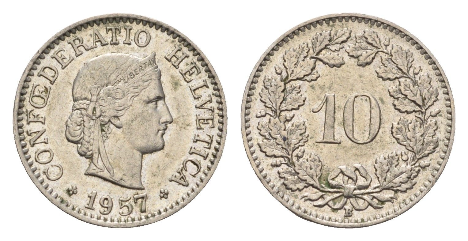 Швейцария 10 раппенов 1957 KM 27 медно-никель 4685-246