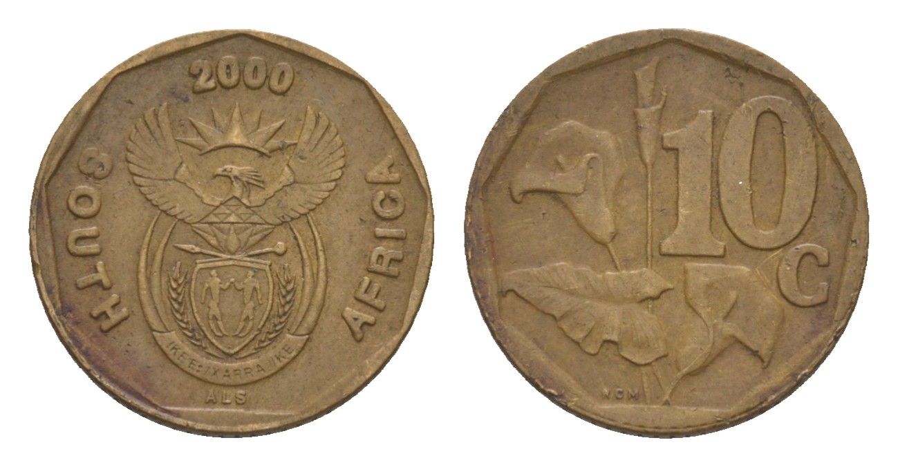 ЮАР 10 центов 2000 герб, цветок алоэ KM 224 сталь плакированная бронзой 4380-134