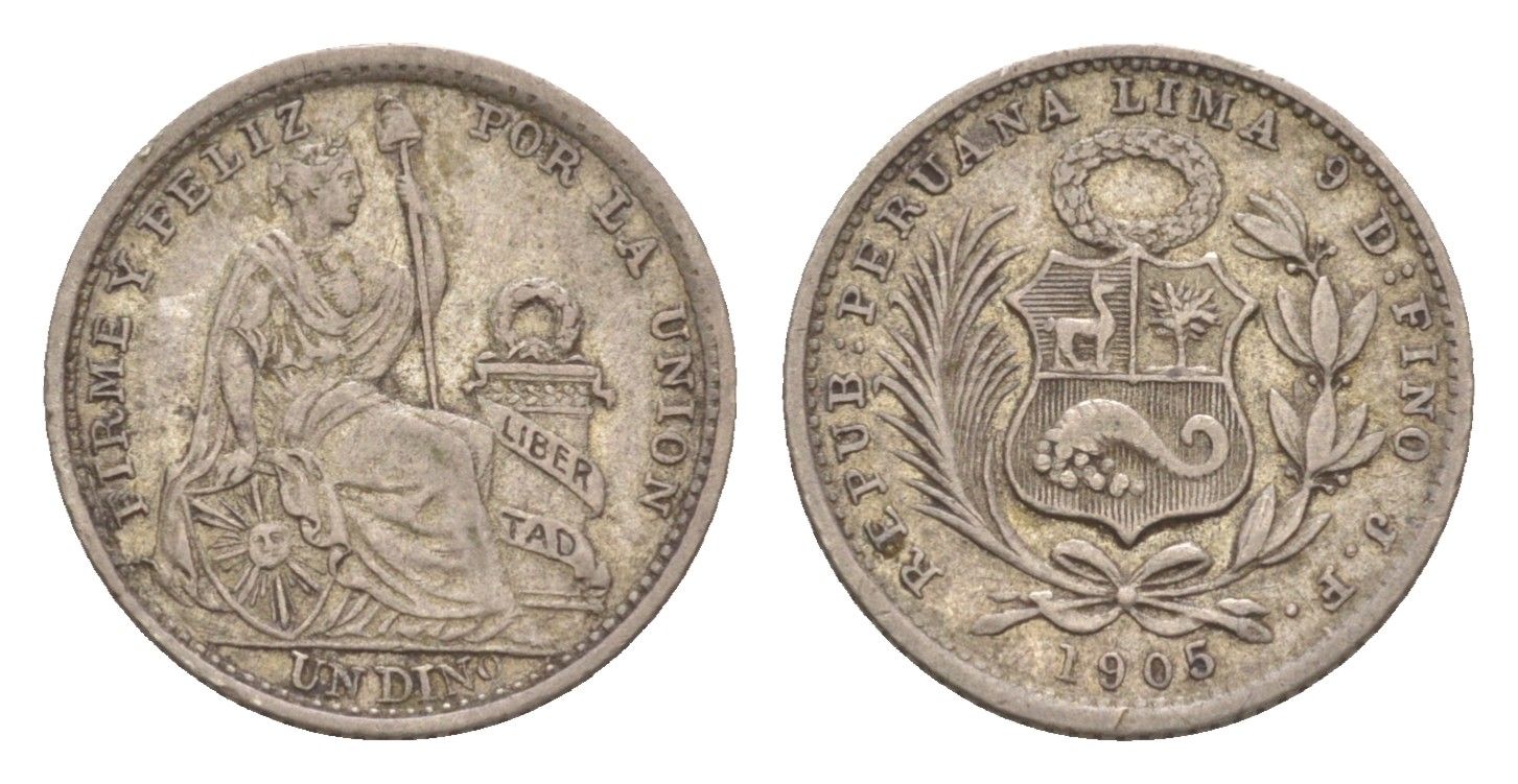 Перу 1 динеро 1905 KM 204 серебро 272-542