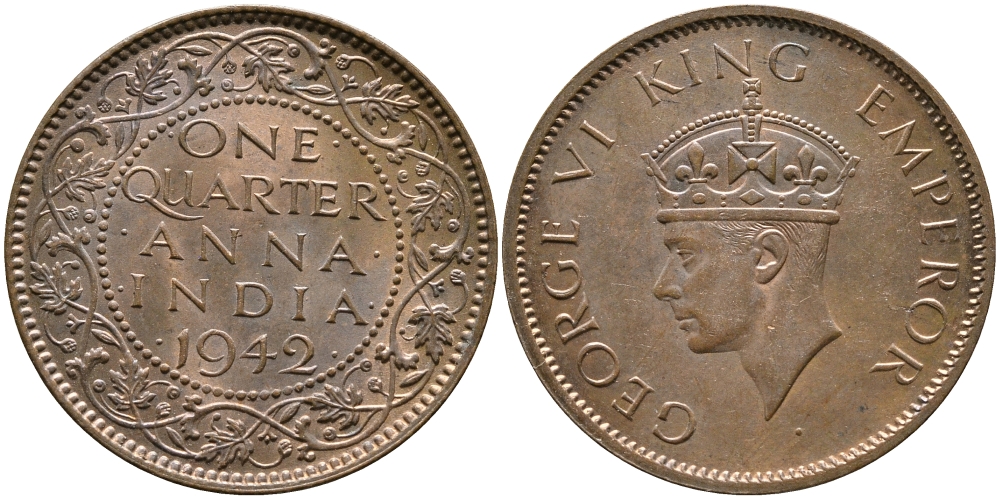 Британская Индия 1/4 анна 1942 Георг VI (1937-1952) KM 531 бронза aUNC 4364-2312