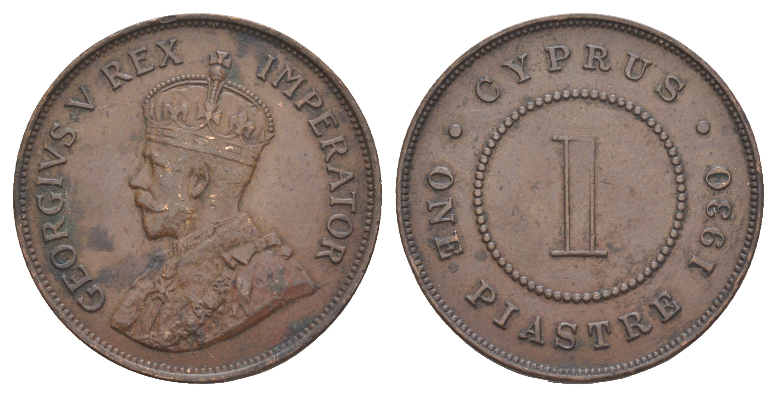 Кипр 1 пиастр 1930 Георг V (1910-1936), редкий год, тираж 96.000 экземпляров KM 18 бронза 00-801-53