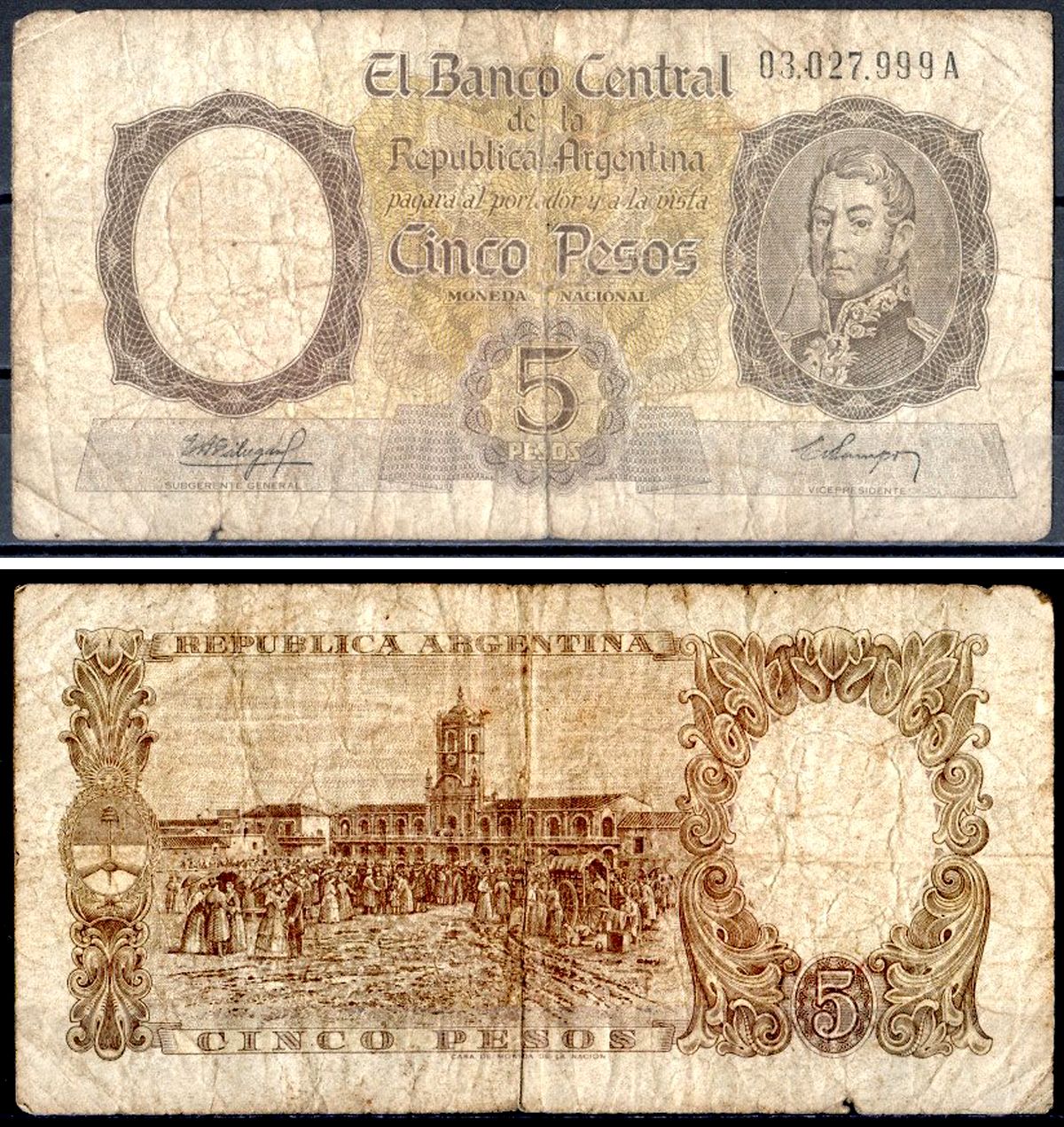 Аргентина 5 песо ND (1960-1962) Pick 275 a бумага 6300-12-2-1