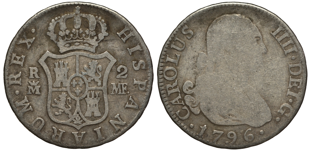 Испания 2 реала 1796 MF, мондвор (Мадрид), Карлос IIII (1788-1808) KM 430.1 (C69.1) серебро 650-934