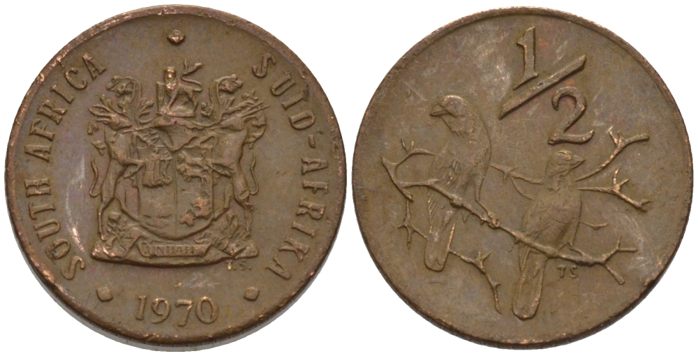 ЮАР 1/2 цента 1970 два капских воробья на ветке KM 81 бронза 66-314