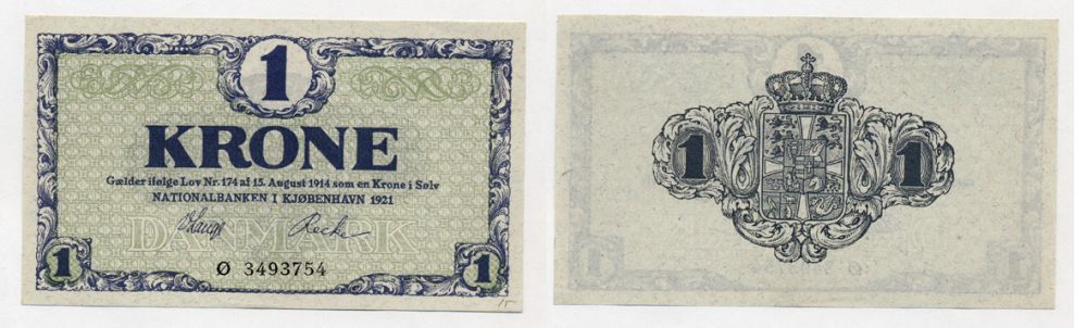 Дания 1 крона 1921 серия Ø Pick 12f бумага UNC (пресс) 7217-1-1-2