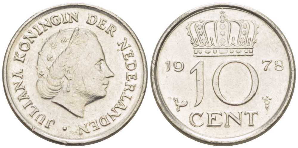 Нидерланды 10 центов 1978 Юлиана (1948-1980) КМ 182 никель 211-1239