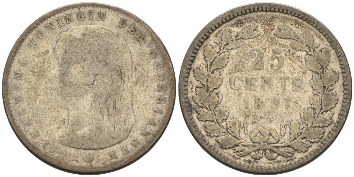 Нидерланды 25 центов 1897 Вильгельмина (1890-1948) KM 115 серебро 4576-762