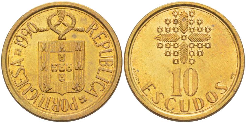 ПОРТУГАЛИЯ 10 ЭСКУДО 1990 KM 633 никель латунь XF+ 4513-1115