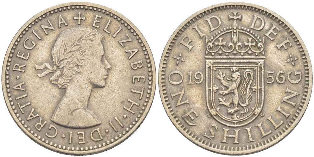 Великобритания 1 шиллинг 1956 Елизавета II (1952-2022), Шотландский герб KM 905, Spink 4148 медно-никель 83-1111