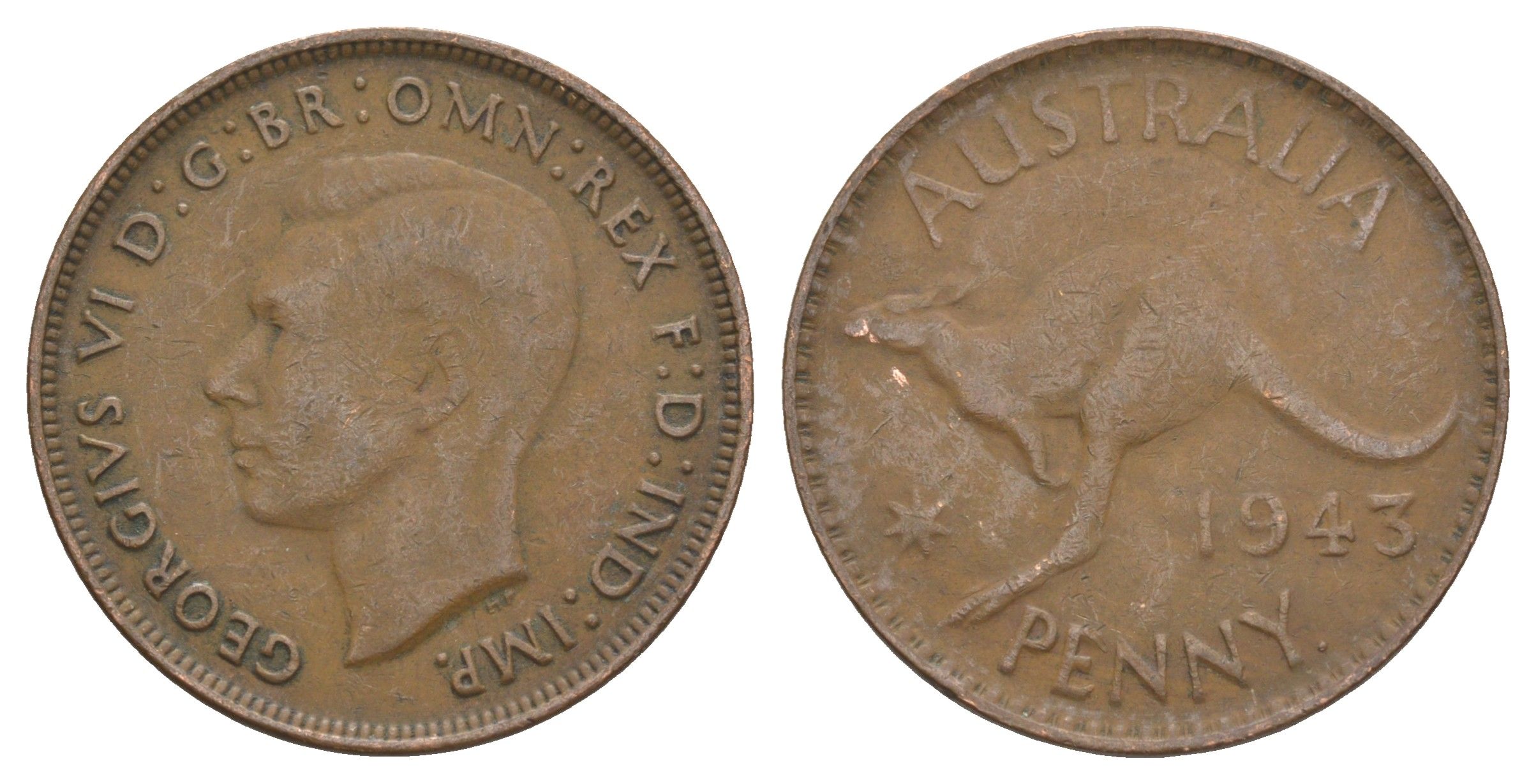 Австралия 1 пенни 1943 . , Георг VI (1936-1952), кенгуру KM 36 бронза 88-1114